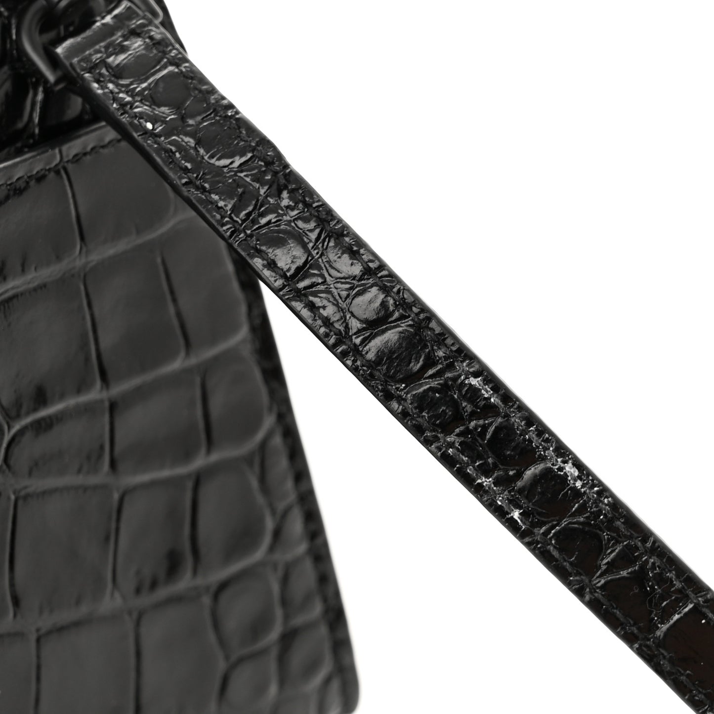 Shiny Calfskin Monochrome Crocodile Embossed Hourglass Top Handle Bag XS Black