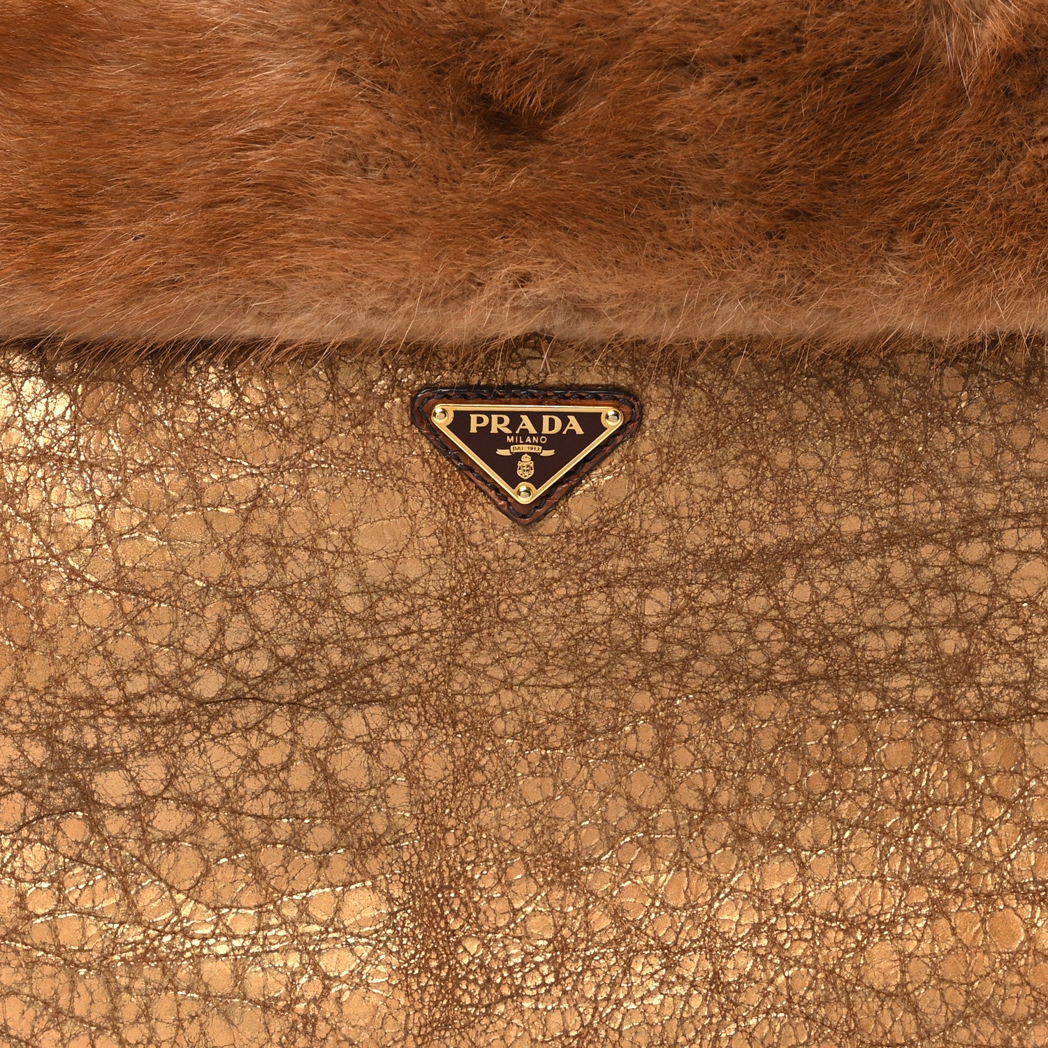 Prada Metallic Suede Mink Shearling Crocodile Embossed Tote Gold 8 of 10