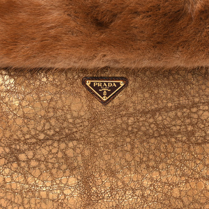 Prada Metallic Suede Mink Shearling Crocodile Embossed Tote Gold 8 of 10