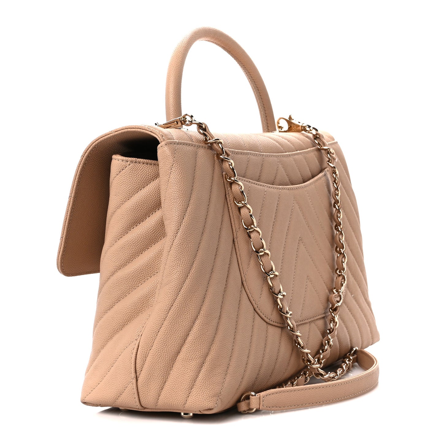 Caviar Chevron Quilted Medium Coco Handle Flap Beige