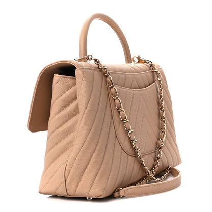 Chanel Caviar Chevron Quilted Medium Coco Handle Flap Beige 3 of 11