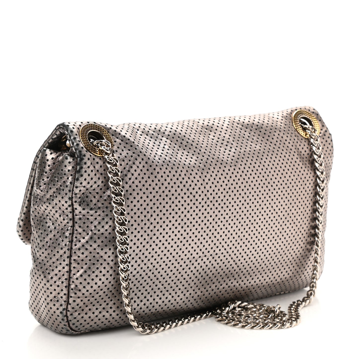 Metallic Crackled Calfskin Perforated Drill Flap Silver