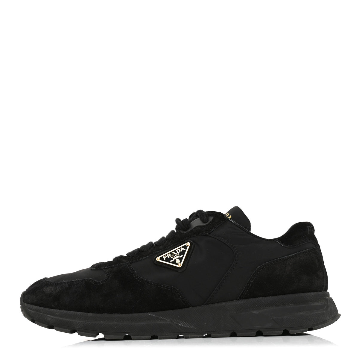 Prada Re-Nylon Suede Metal Triangle Sneakers 38 Black 1 of 9