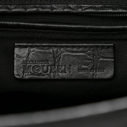 Alexander McQueen Calfskin Crocodile Embossed Small Skull Padlock Zip Around Tote Black 6 of 13
