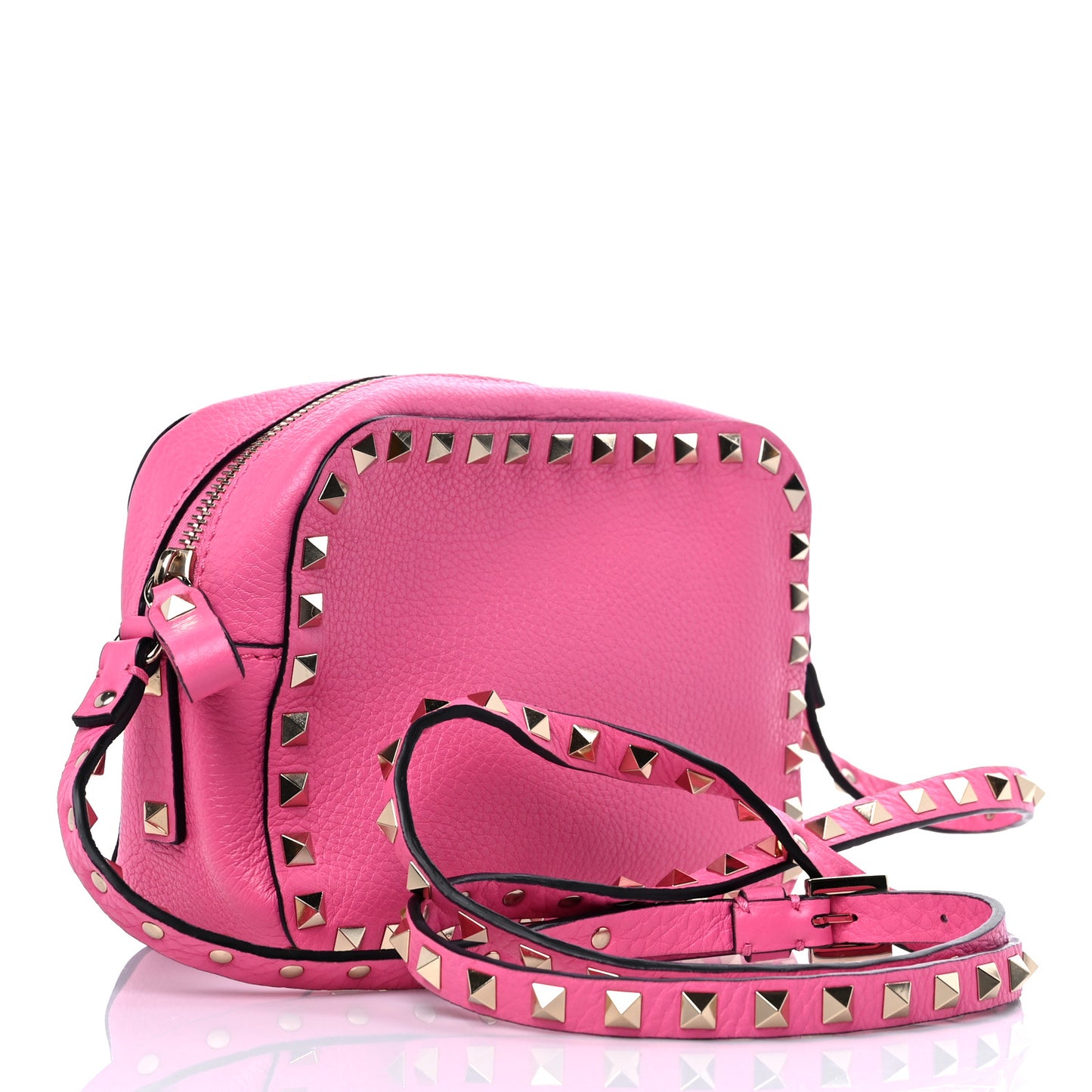 Pebbled Calfskin Rockstud Camera Crossbody Bag Peony
