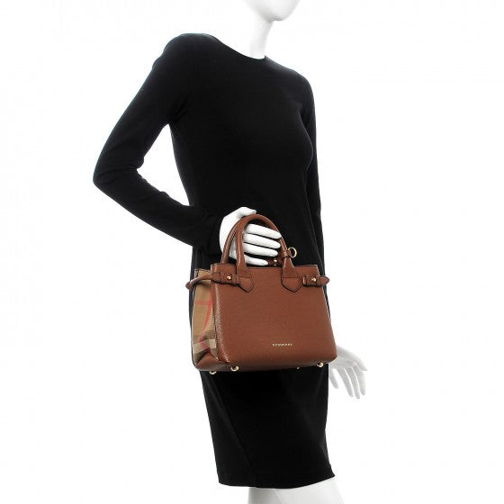Grainy Calfskin House Check Small Banner Tote Tan