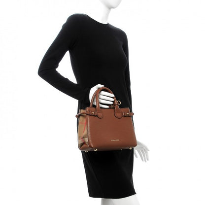 Burberry Grainy Calfskin House Check Small Banner Tote Tan 3 of 9