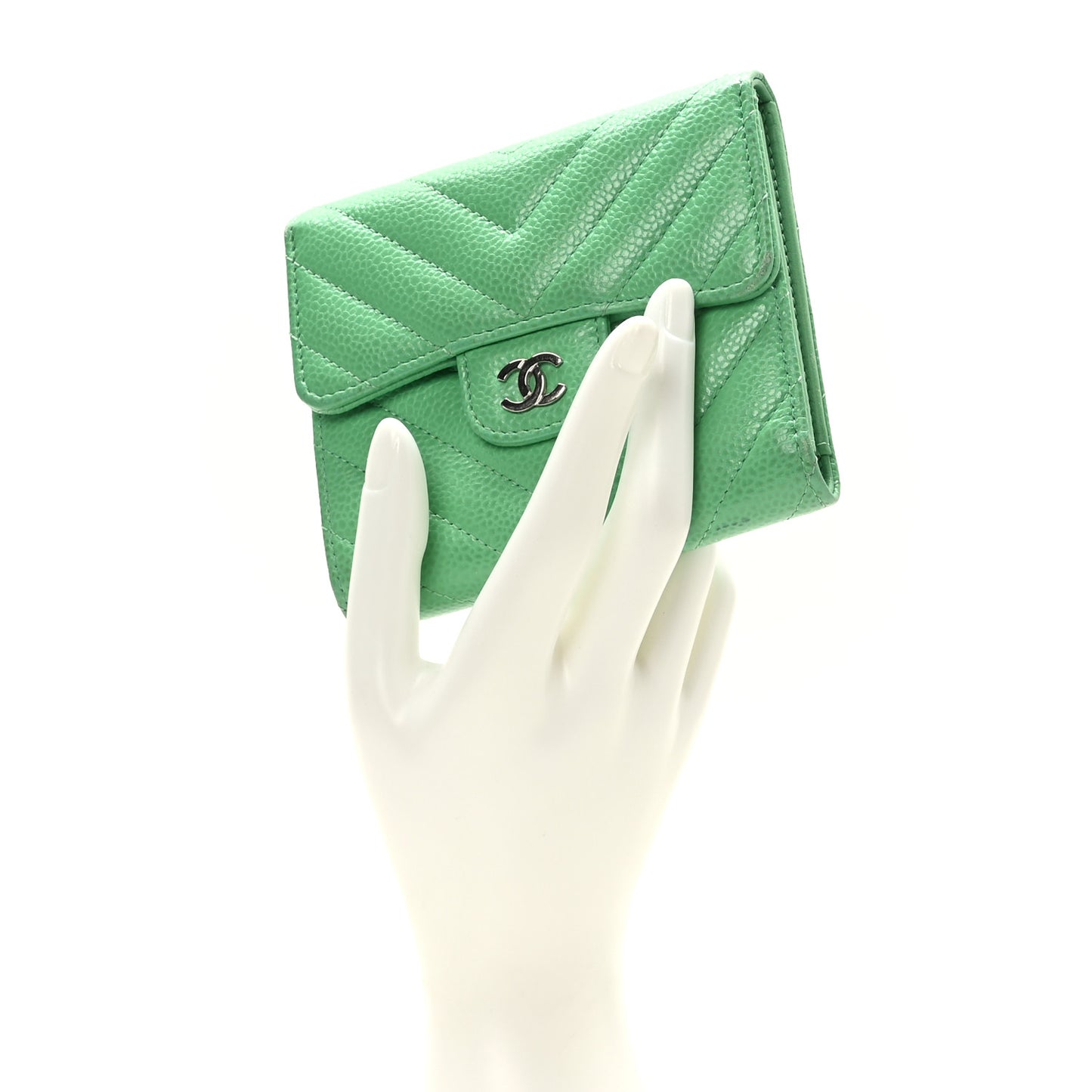 Caviar Flat Chevron Quilted Card Holder Wallet Green
