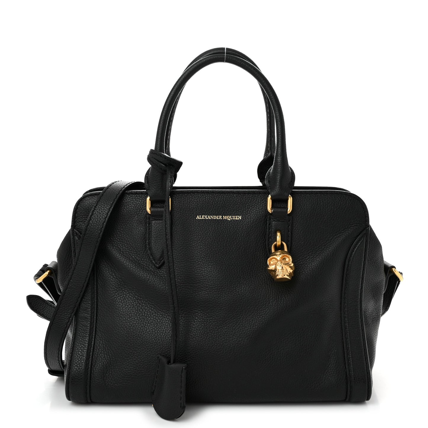 Pebbled Calfskin Small Skull Padlock Zip Around Tote Black