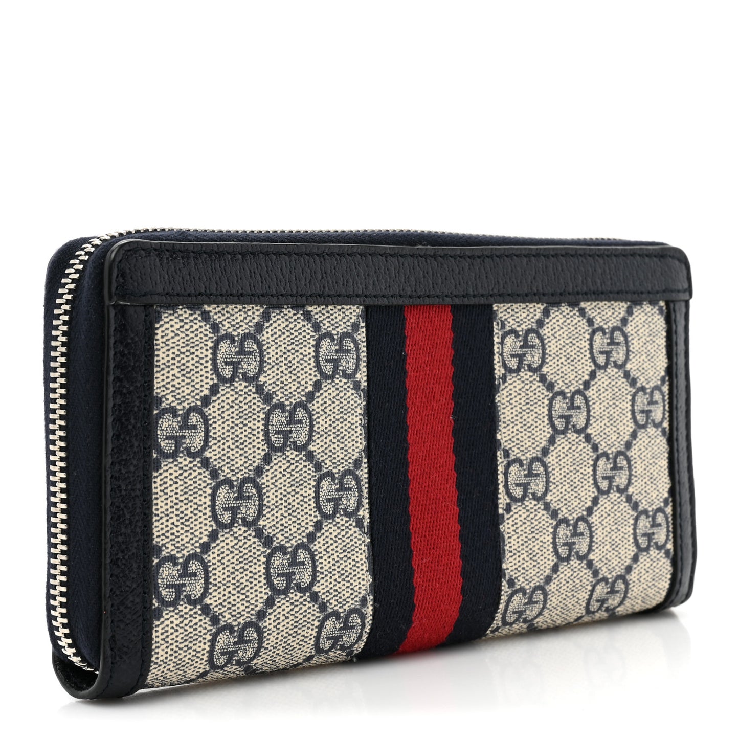 GG Supreme Monogram Textured Dollar Calfskin Web Ophidia Zip Around Wallet Beige Blue