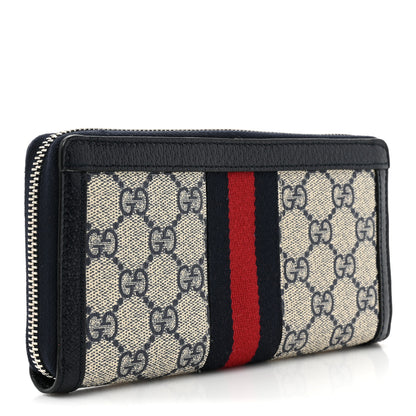 Gucci GG Supreme Monogram Textured Dollar Calfskin Web Ophidia Zip Around Wallet Beige Blue 3 of 13