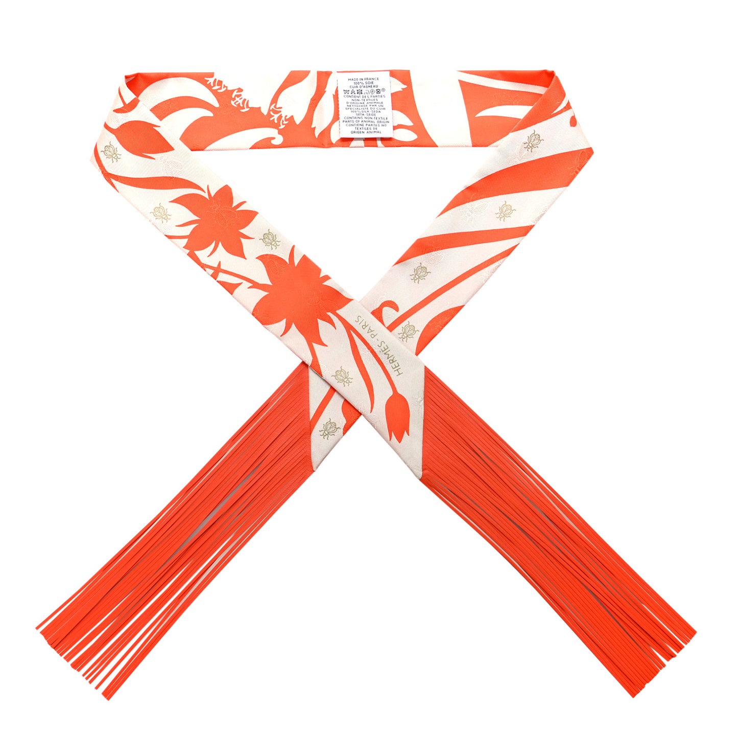 Silk Calfskin Bouquet Final Fringed Twilly Orange Gris Perle Vermillion