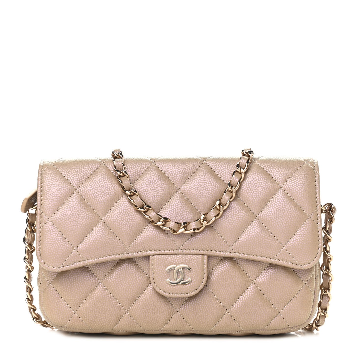 Iridescent Caviar Quilted Flap Phone Holder With Chain Beige