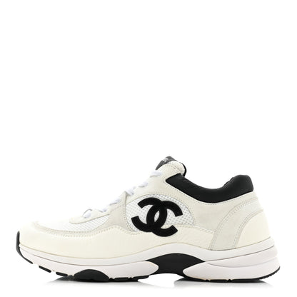 Chanel Mesh Suede Calfskin Grained Calfskin Womens CC Sneakers 41 White Black 1 of 8