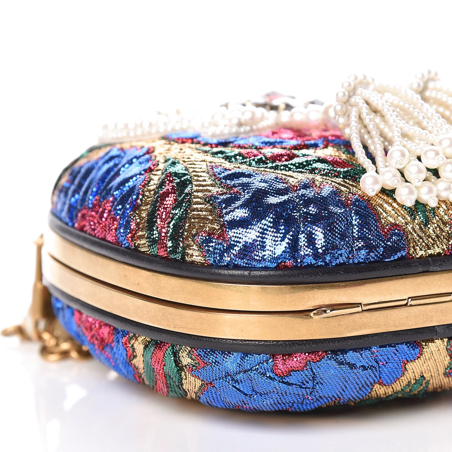 Brocade Pearl Bow Sandy Flow Chain Clutch Gold Blue Royal Multicolor