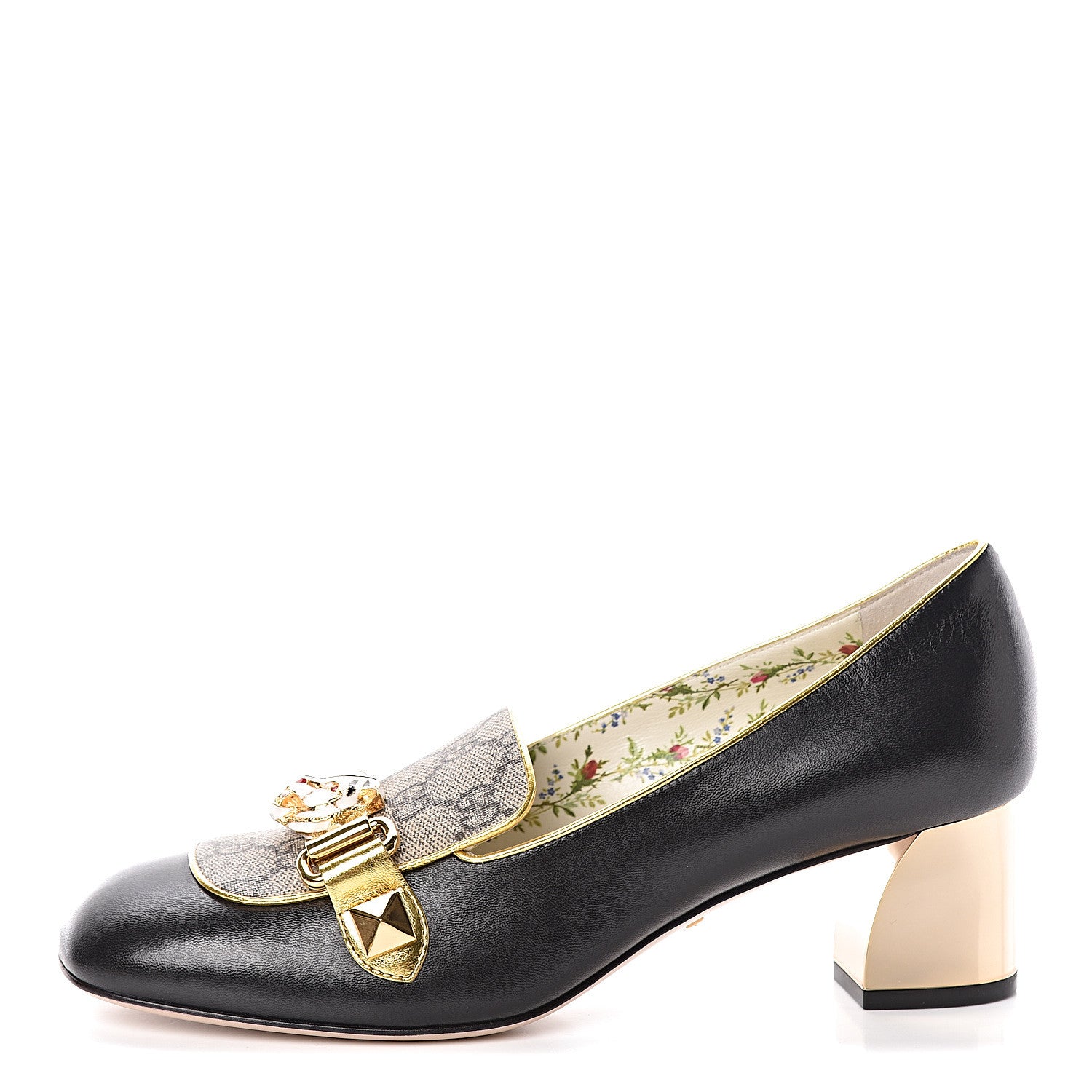 Gucci Malaga Kid Nappa GG Supreme Monogram Tiger Head Mid Heel Loafer Pumps 38.5 Black Oro Vecchio Beige 1 of 8