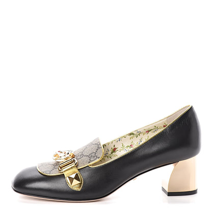 Gucci Malaga Kid Nappa GG Supreme Monogram Tiger Head Mid Heel Loafer Pumps 38.5 Black Oro Vecchio Beige 1 of 8