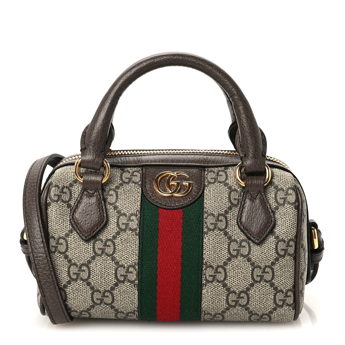 Gucci GG Supreme Monogram Textured Dollar Calfskin Web Super Mini Ophidia Top Handle Bowler Bag Beige Ebony New Acero 1 of 10
