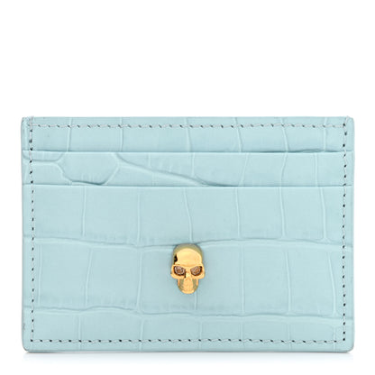 Alexander McQueen Shiny Calfskin Crocodile Embossed Skull Card Holder Pale Blue 1 of 7