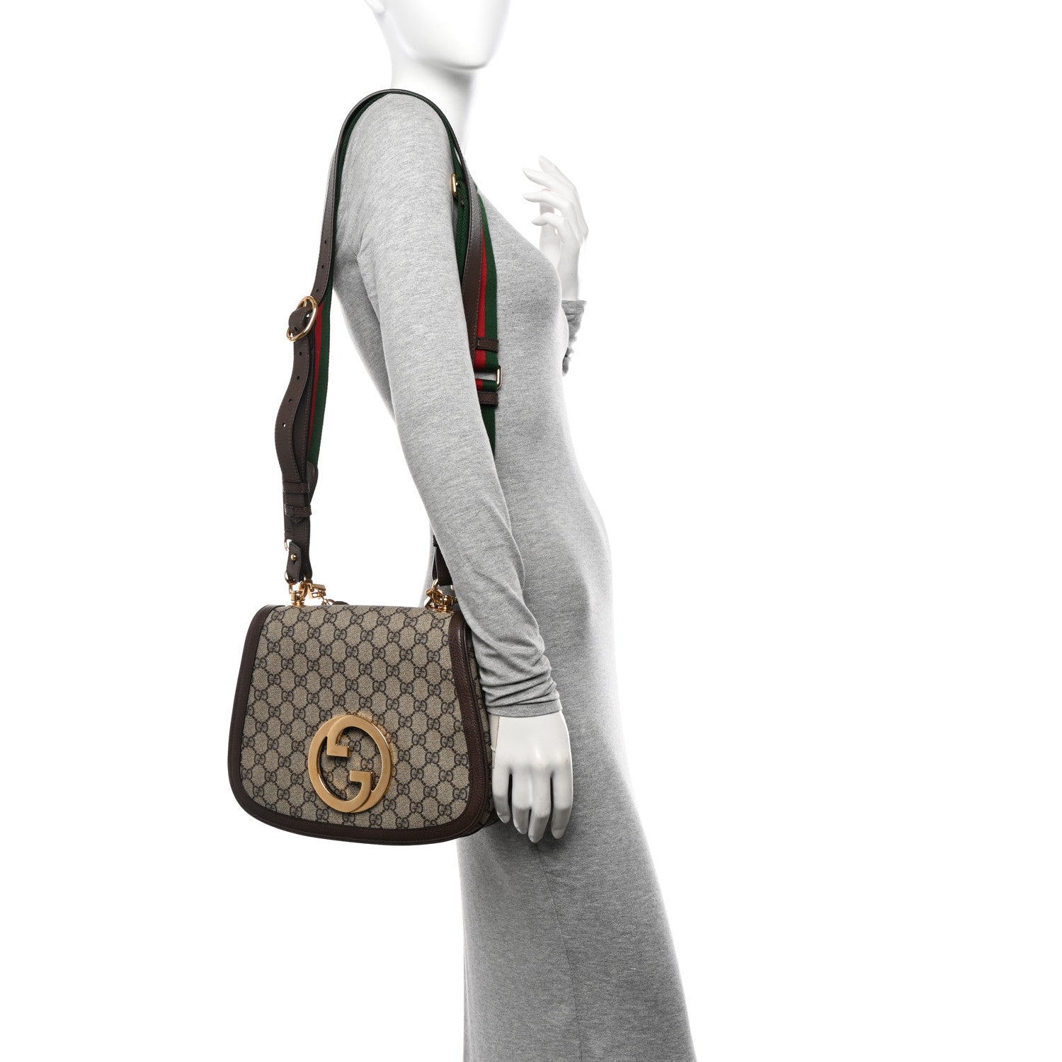 Gucci GG Supreme Monogram Textured Dollar Calfskin Web Medium Blondie Top Handle Shoulder Flap Bag Beige Ebony New Acero 2 of 11