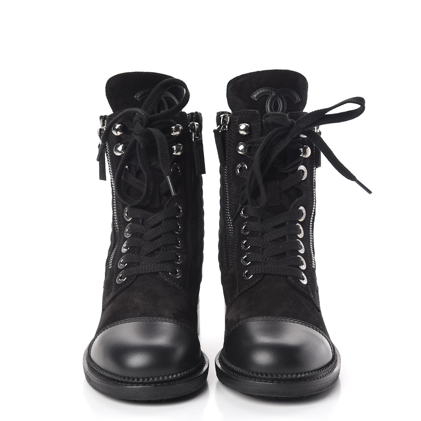 Suede Calfskin Quilted Lace Up Boots 36 Black
