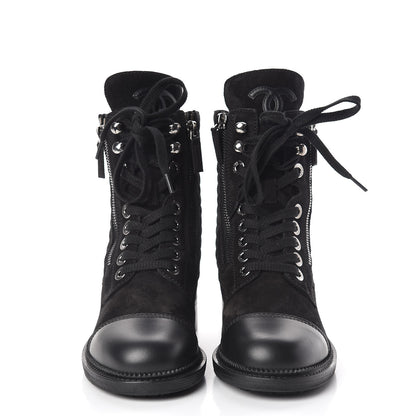 Chanel Suede Calfskin Quilted Lace Up Boots 36 Black 2 of 8