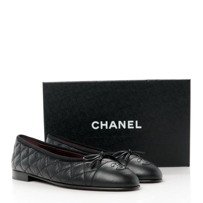 Chanel Aged Calfskin Quilted CC Cap Toe Ballerina Flats 38 Black 9 of 9