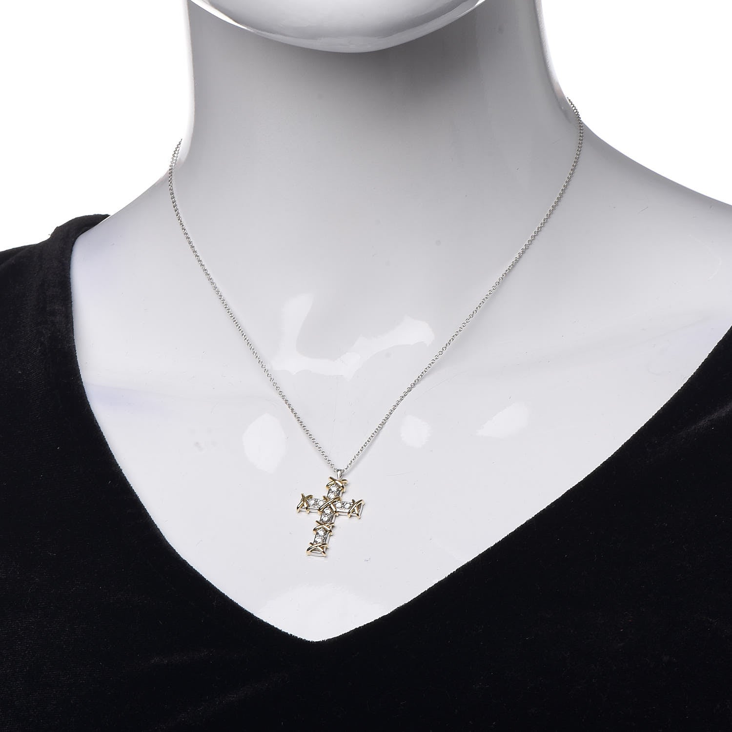 Tiffany Platinum 18K Yellow Gold Diamond Schlumberger Cross Pendant Necklace 2 of 8