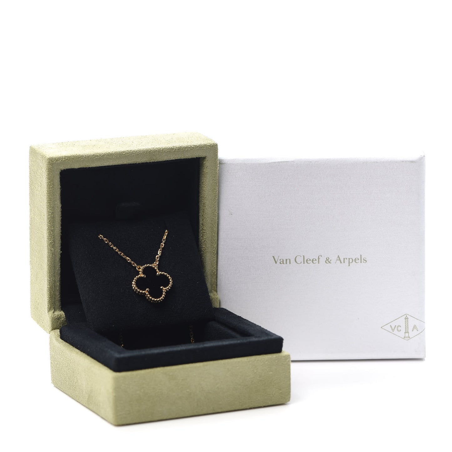18K Yellow Gold Black Onyx Vintage Alhambra Pendant Necklace