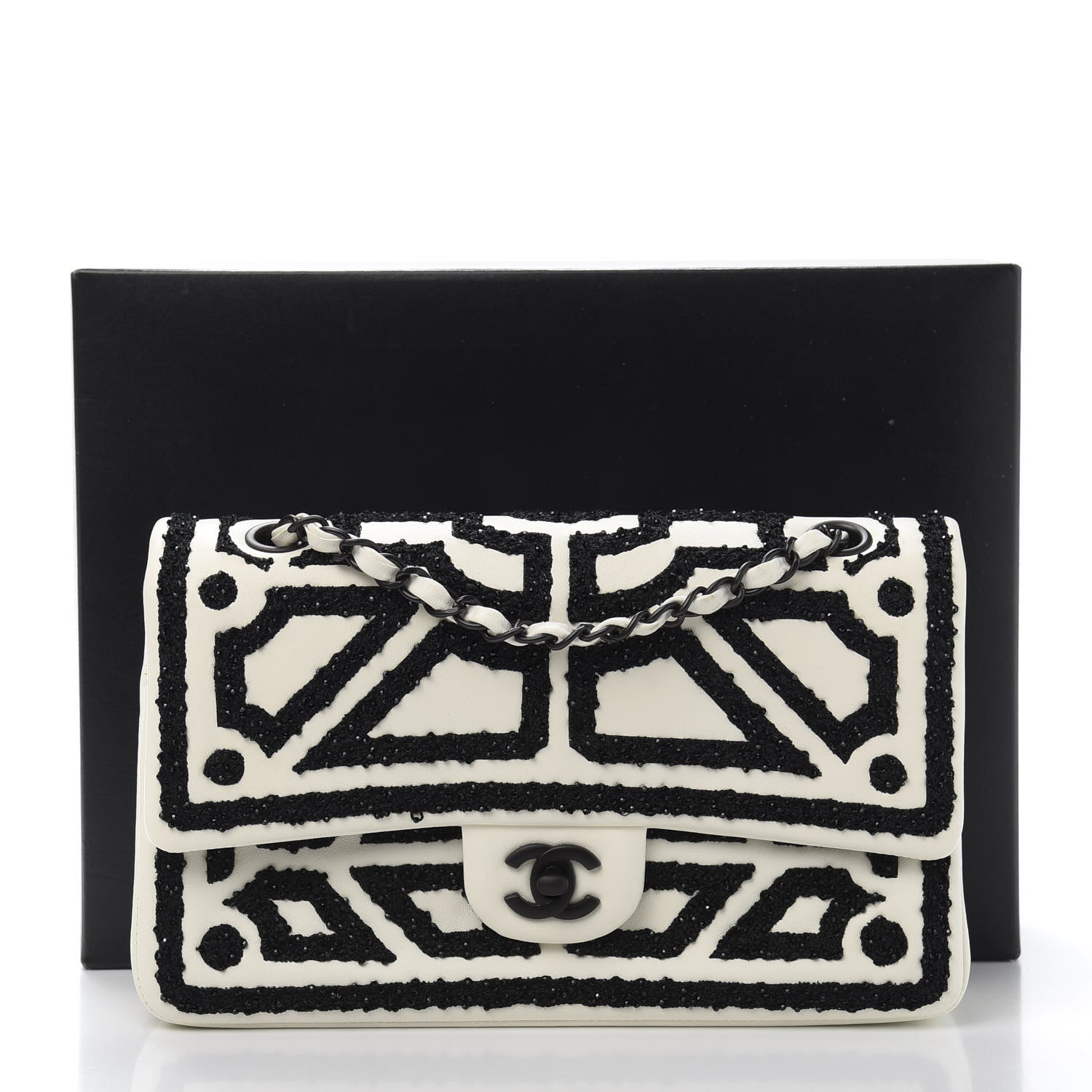 Chanel Lambskin Crystal Embroidered Medium Garden Of Versailles Double Flap Black White 17 of 17