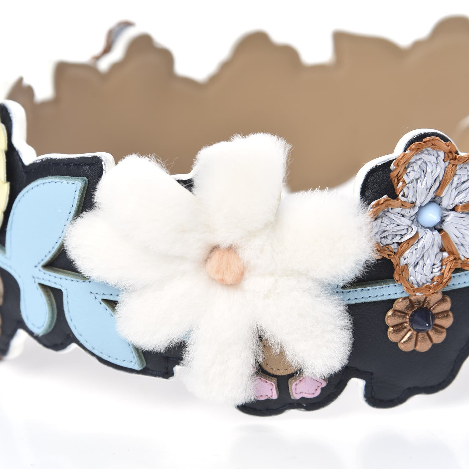 Fendi Vitello Dolce Raffia Nappa Catalan Mirror Mink Flowerland Studded Strap You Blue Notte Cuoio Multicolor 5 of 5