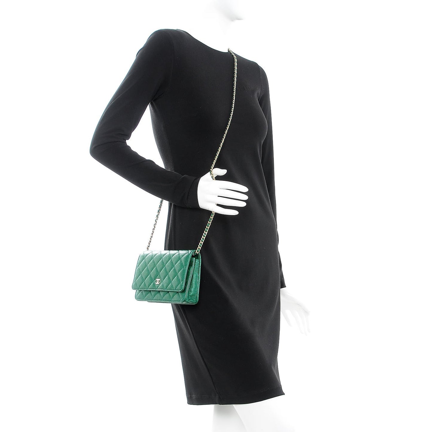 Metallic Caviar Quilted Wallet On Chain WOC Green