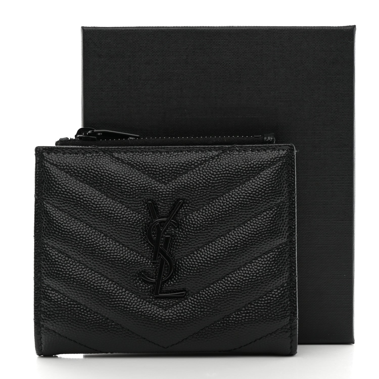 Saint Laurent Grain De Poudre Matelasse Chevron Monogram Zipped Card Case Black 7 of 7