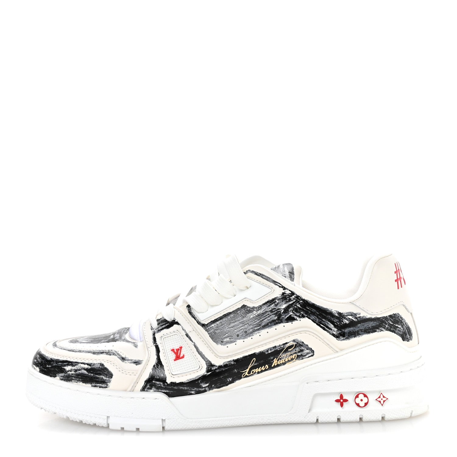 Louis Vuitton Calfskin Printed Mens LV Trainer Sneakers 10 White Black 1 of 8