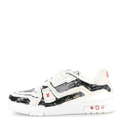 Louis Vuitton Calfskin Printed Mens LV Trainer Sneakers 10 White Black 1 of 8