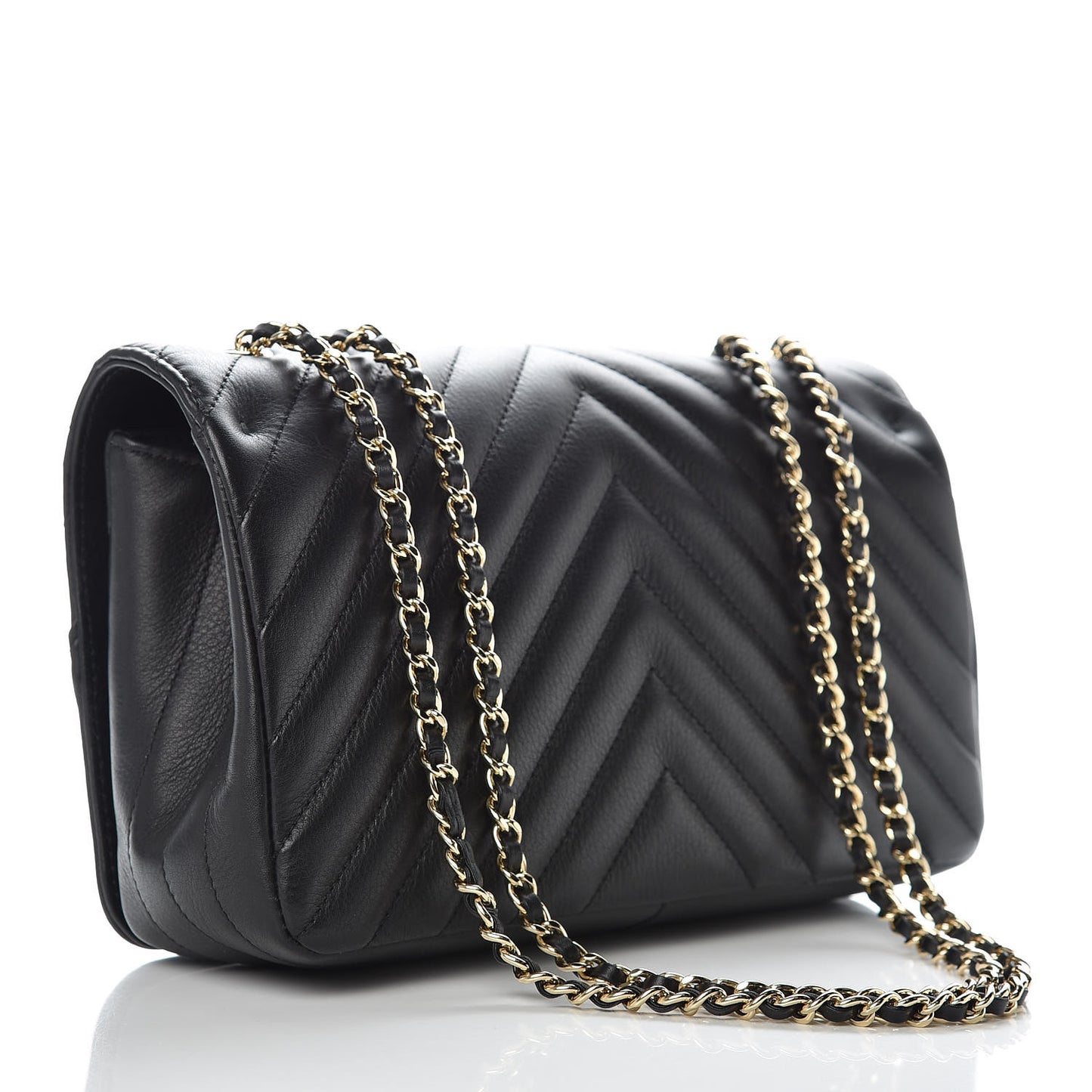 Calfskin Chevron Quilted Statement Flap Black
