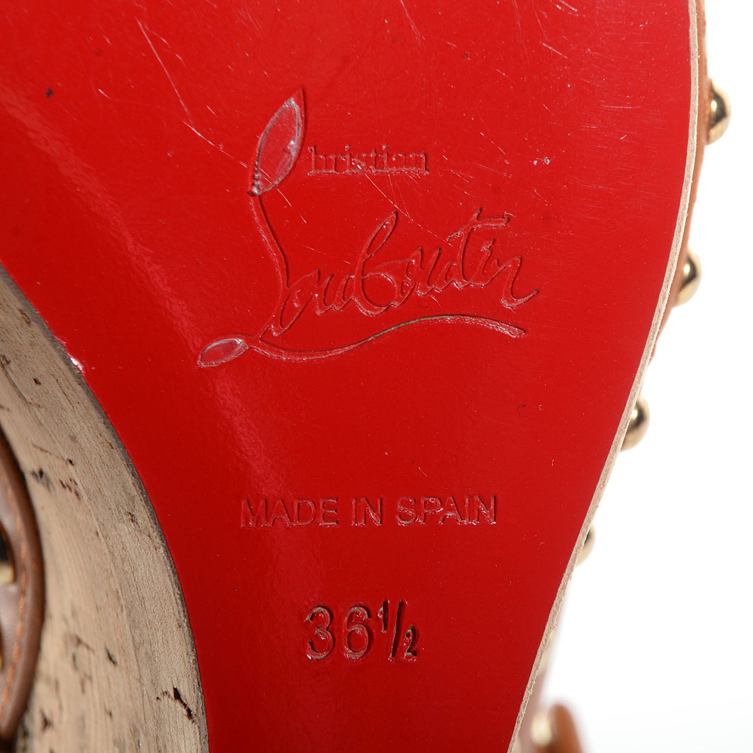 Christian Louboutin Calfskin Monico 100 Studded Cork Wedges 36.5 Fauve 6 of 7