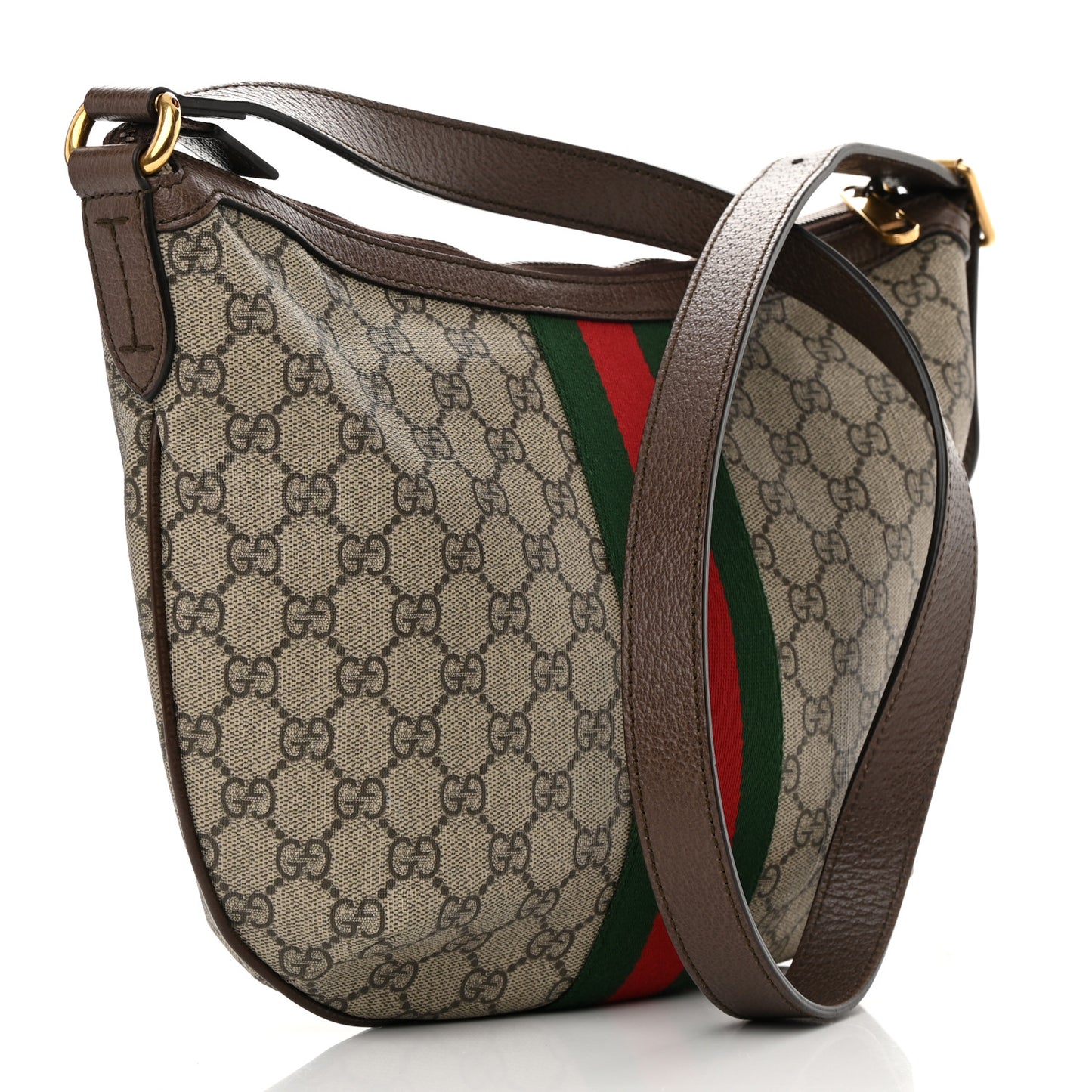 GG Supreme Monogram Textured Dollar Calfskin Web Small Ophidia Half Moon Hobo Beige Ebony New Acero