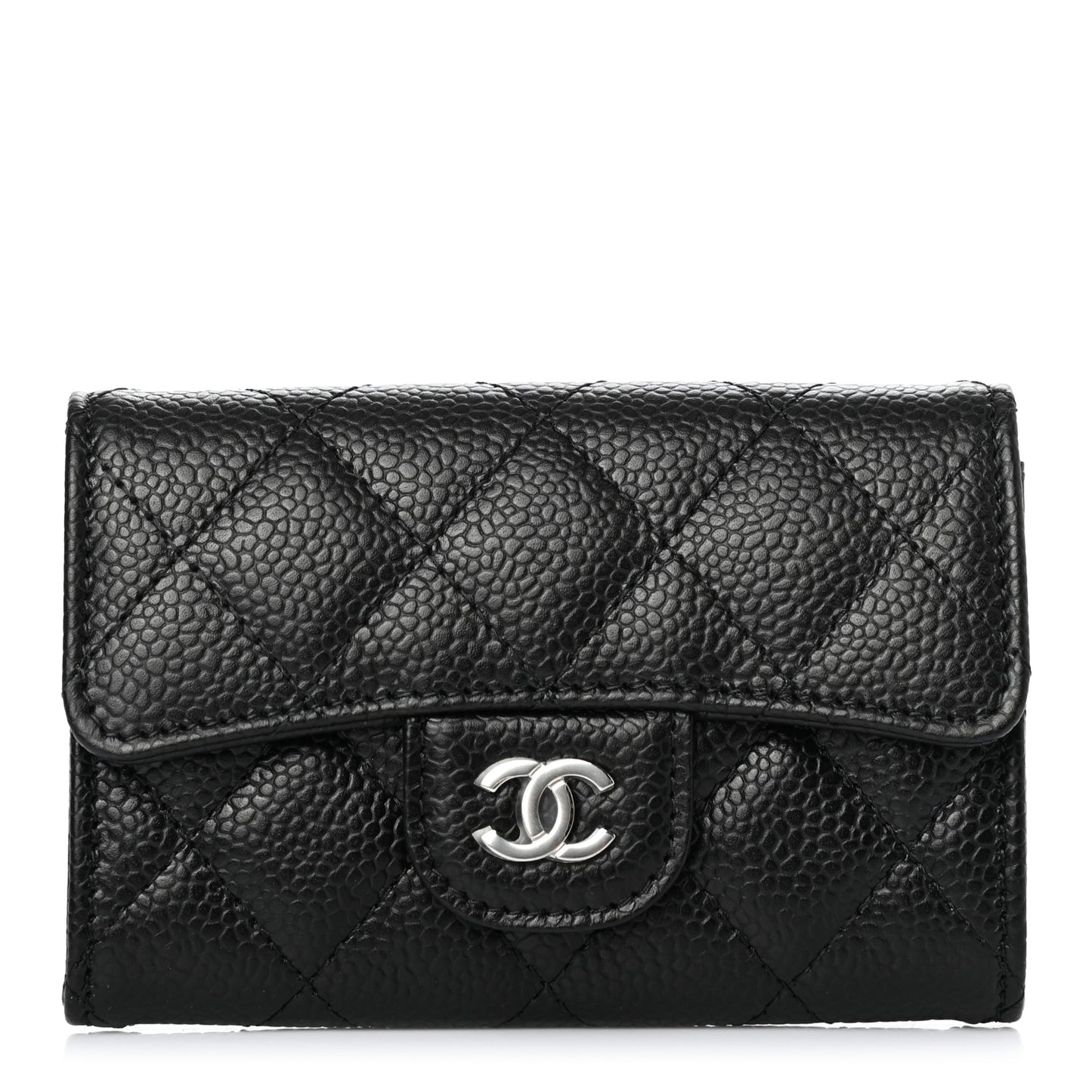 Caviar Quilted Flap Card Holder Wallet Black