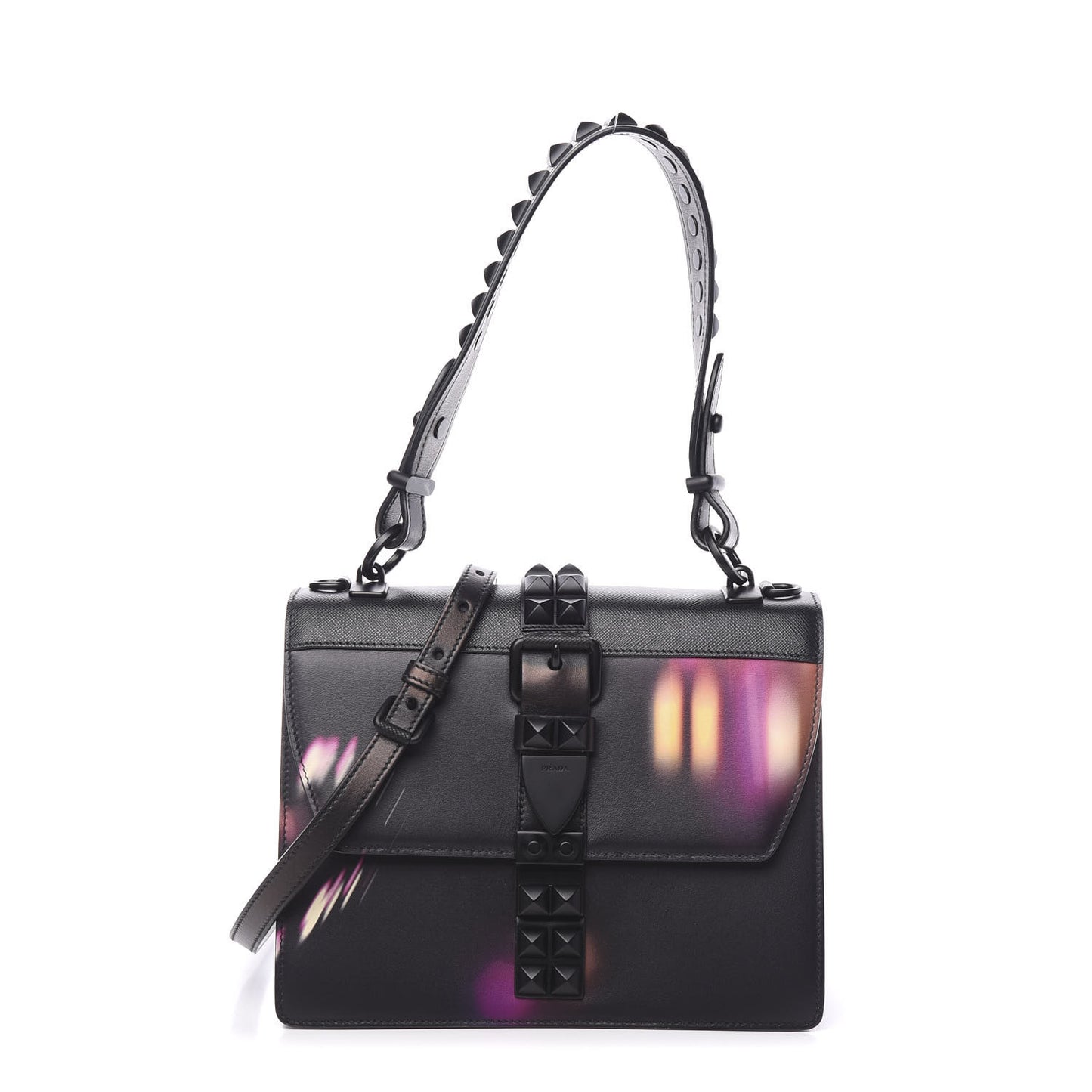 Saffiano City Lights Print Studded Elektra Shoulder Bag Black Fuxia
