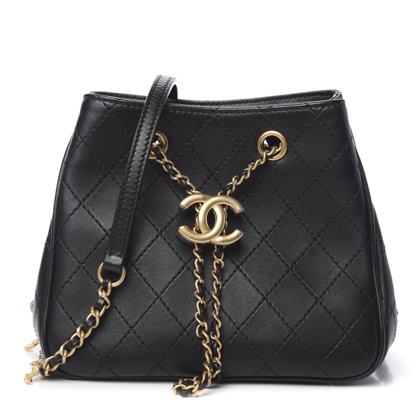 Calfskin Stitched Small Egyptian Amulet Drawstring Bag Black