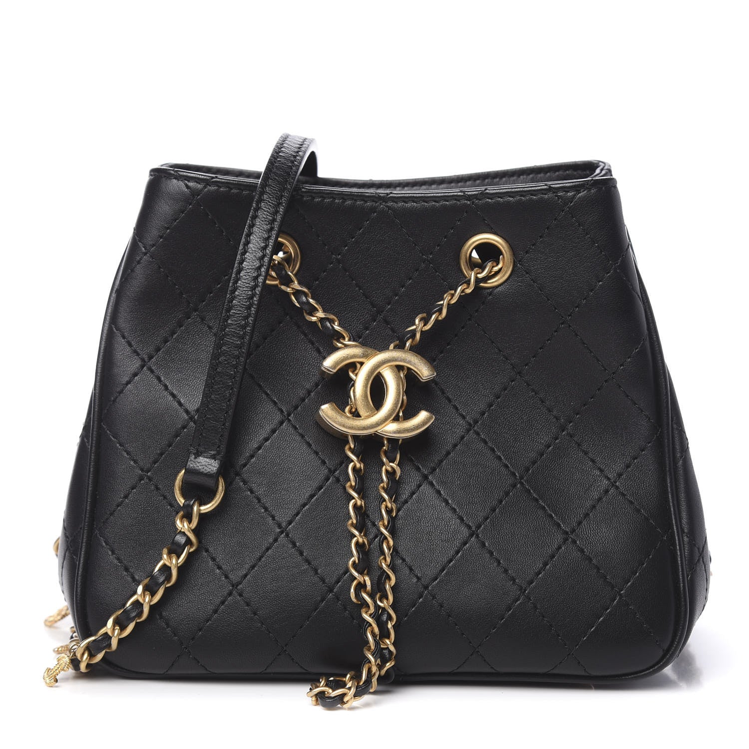 Chanel Calfskin Stitched Small Egyptian Amulet Drawstring Bag Black 1 of 9