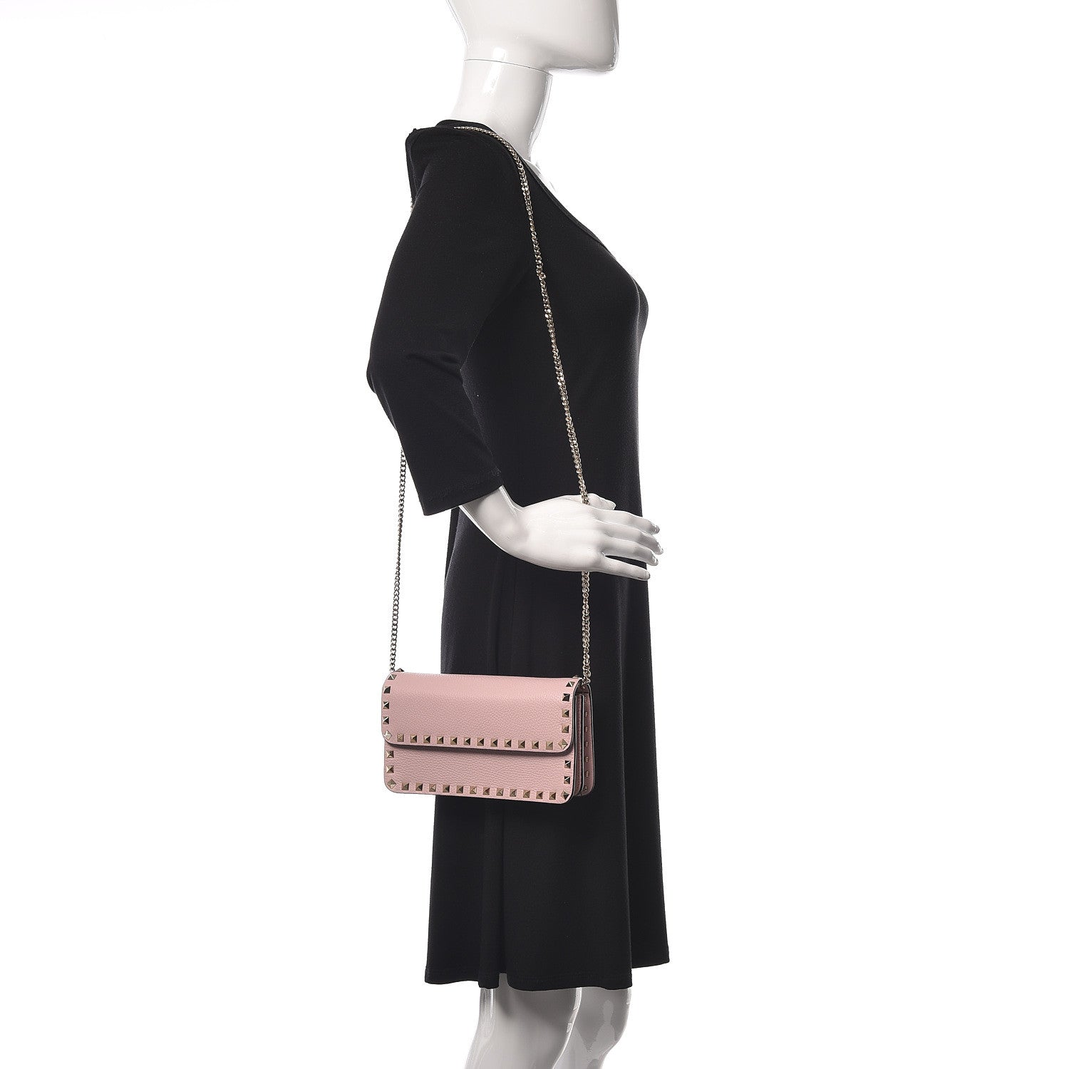 Valentino Garavani Pebbled Calfskin Rockstud Flap Wallet On Chain Poudre 2 of 10