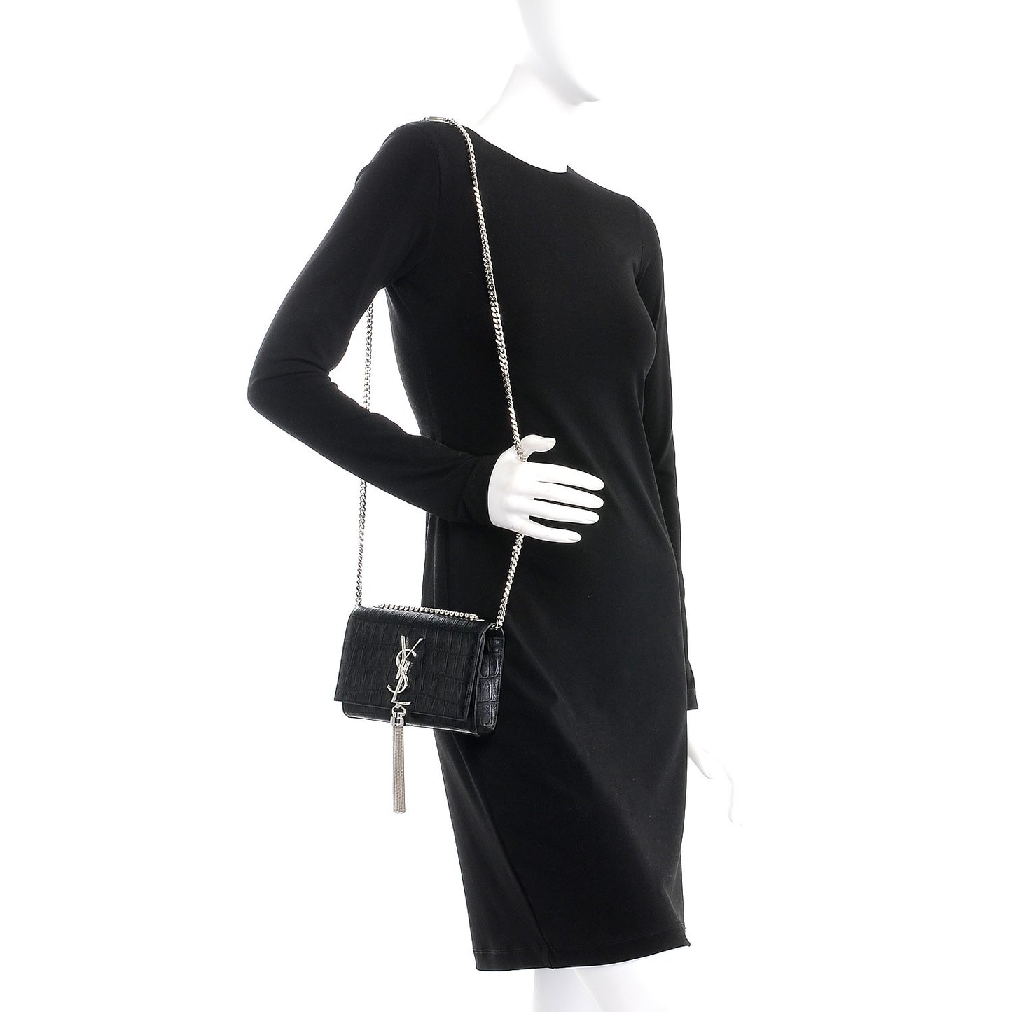 Calfskin Crocodile Embossed Small Classic Monogram Kate Tassel Satchel Black
