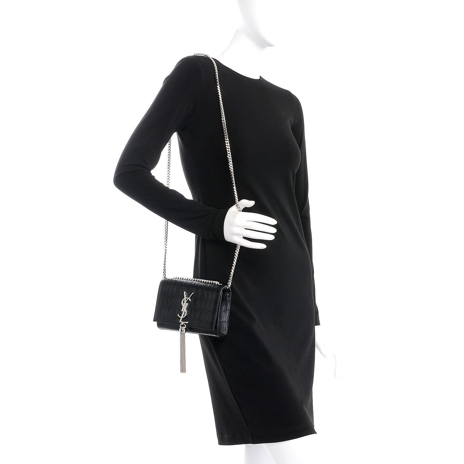 Saint Laurent Calfskin Crocodile Embossed Small Classic Monogram Kate Tassel Satchel Black 2 of 8