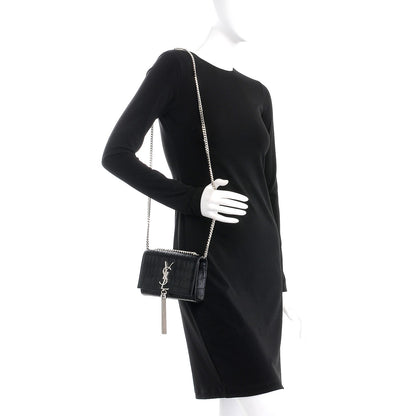 Saint Laurent Calfskin Crocodile Embossed Small Classic Monogram Kate Tassel Satchel Black 2 of 8