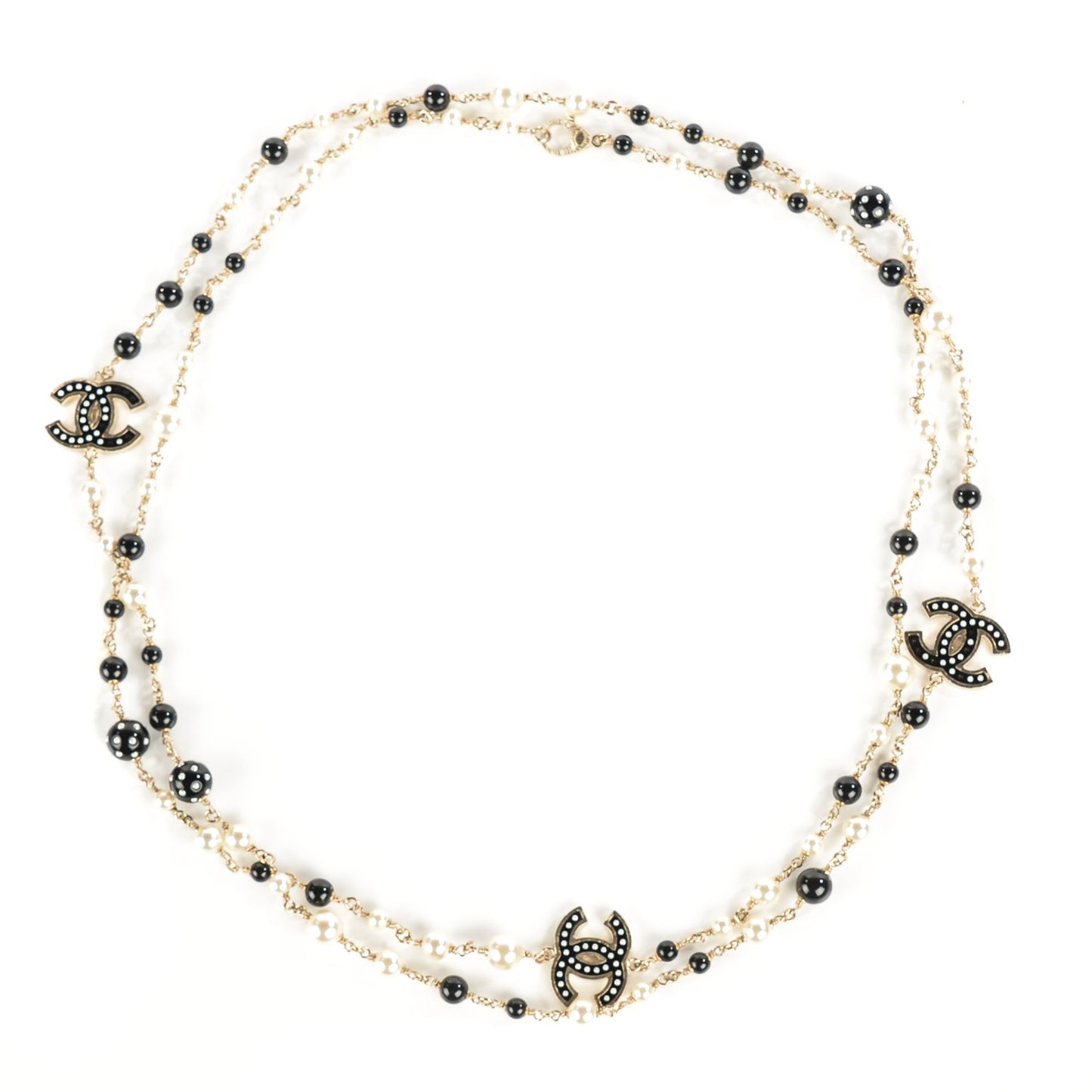 Pearl Beaded CC Long Necklace Gold Black