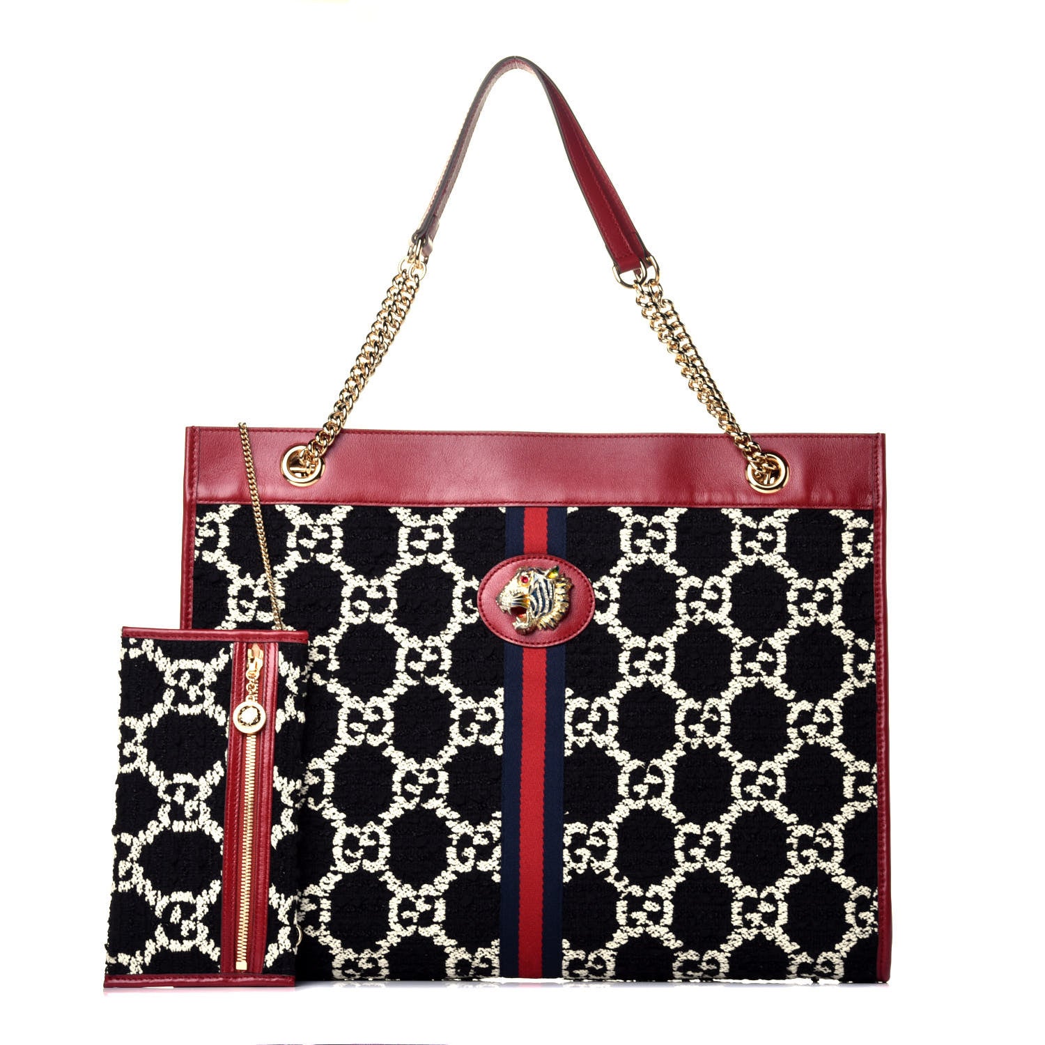 Gucci Tweed GG Monogram Large Rajah Chain Tote Romantic Cherry Black White 1 of 9