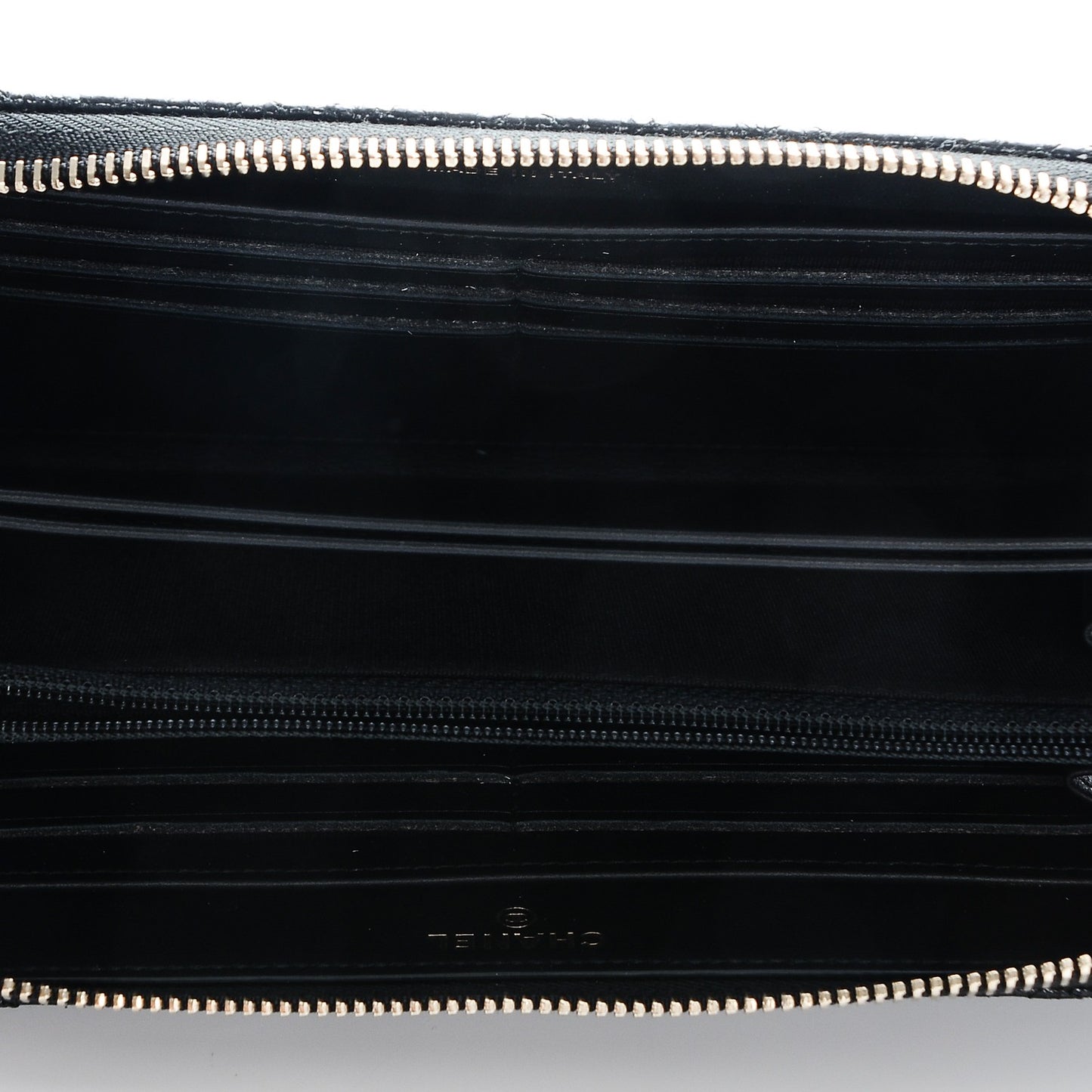 Crackled Patent Calfskin Zip Around Large Gusset Wallet With Pearl Chain Black
