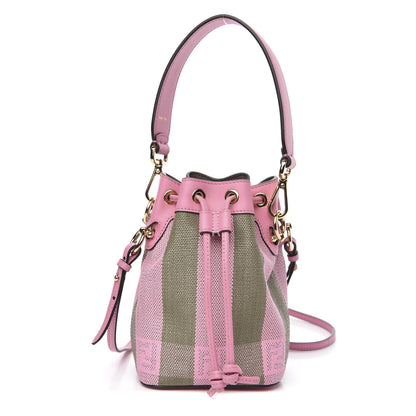 Fendi Raffia Vitello Seta F is Fendi Pequin Gingham Woven Mini Mon Tresor Bucket Bag Military Rosa Lollypop 1 of 9